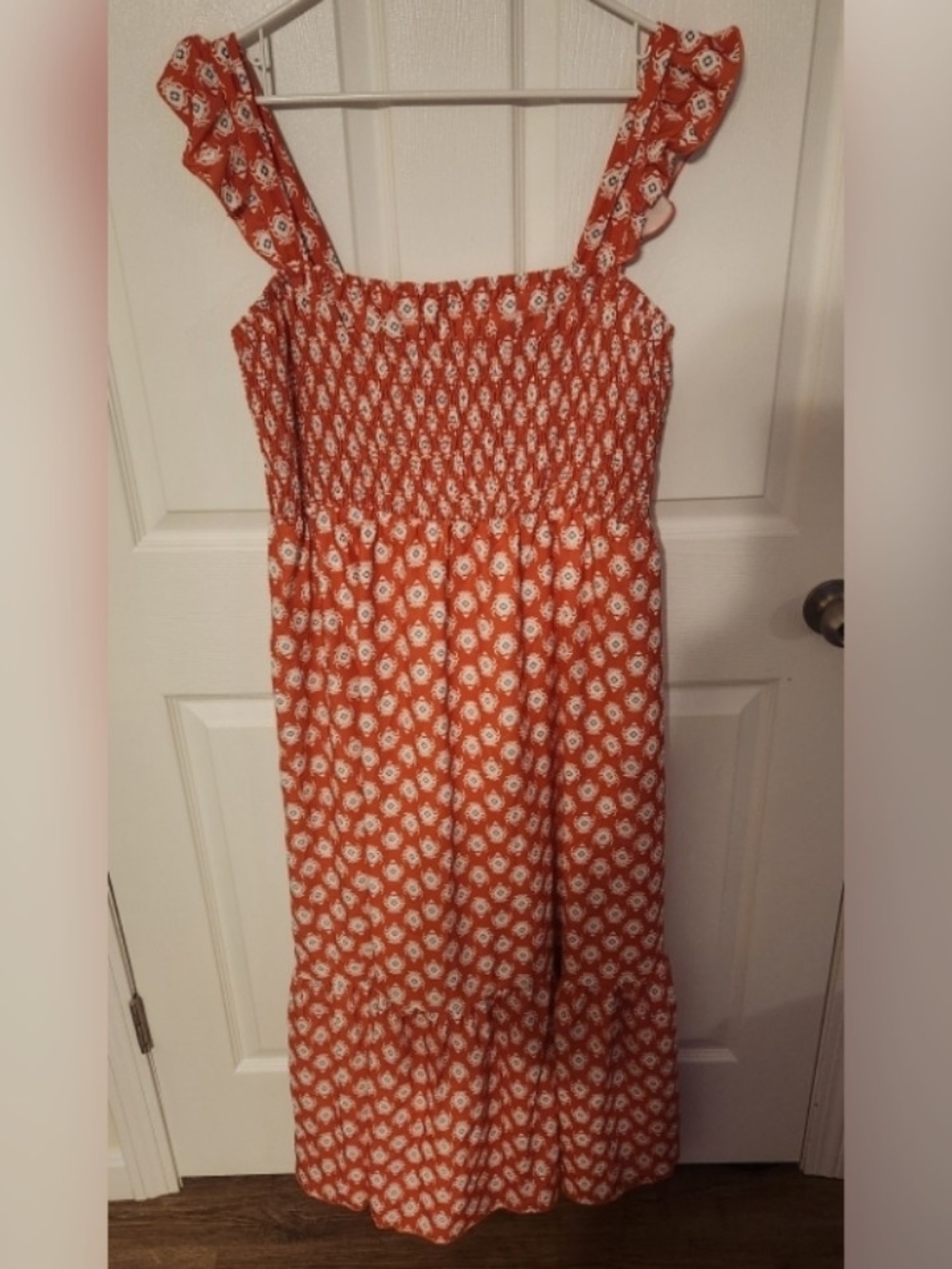 Womens Orange Floral Smocked Sundress